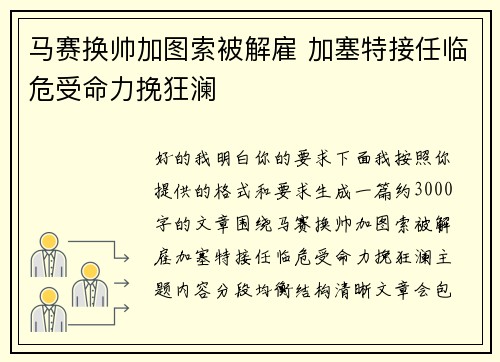 马赛换帅加图索被解雇 加塞特接任临危受命力挽狂澜